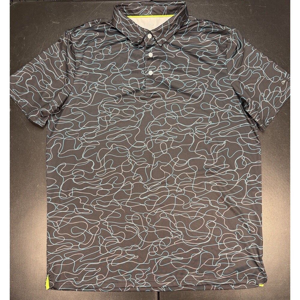 Obla Performance Golf Polo Men's Large Black Blue Geometric Allover Print Shirt
